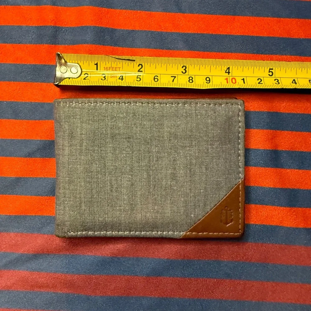 Nautica Mens Bifold Wallet Gray Canvas Brown Leather Trim Card Billfold